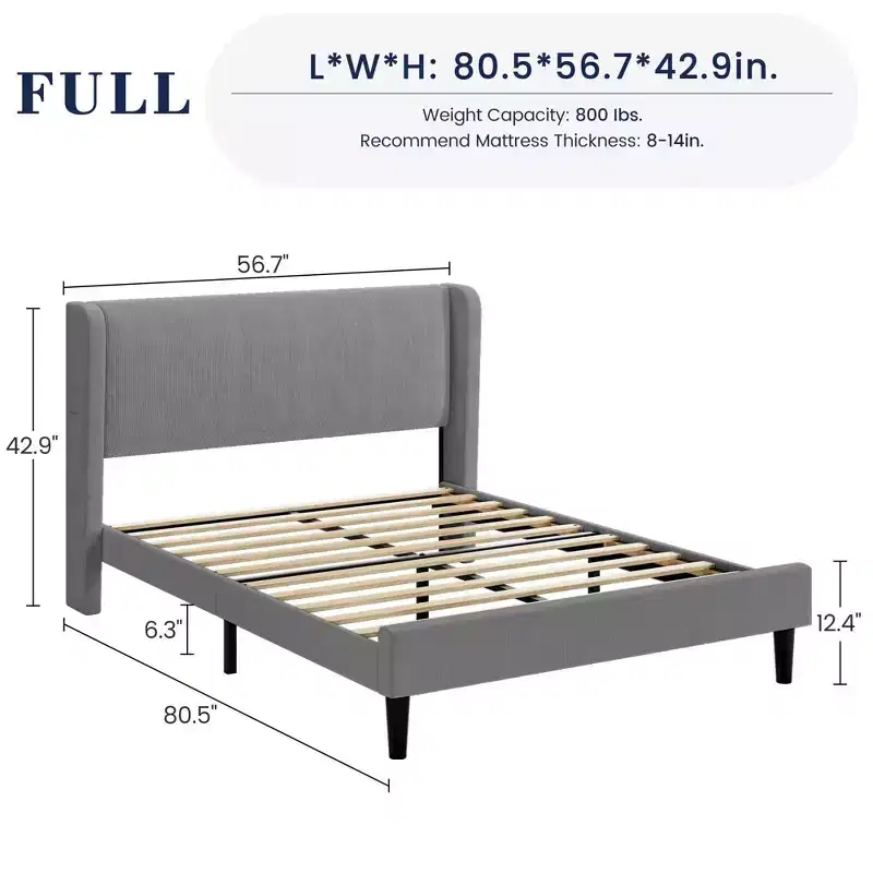 Coolmee Upholstered Full/Queen/King Bed Frame with Wingback Headboard, Velvet Upholstery Platform Bed, No Box Spring Needed, Wood Slats Support