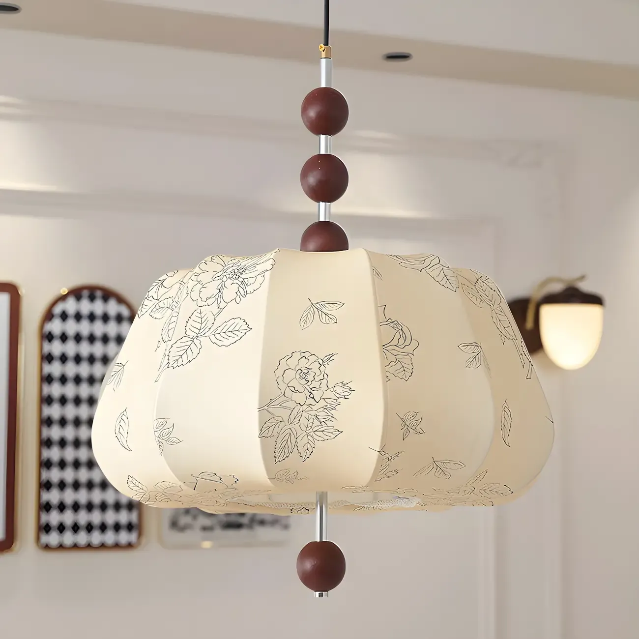 Elegant Flower Pattern Beige Fabric Geometric Chandelier