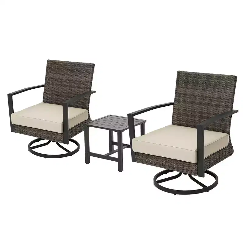 Heynemo 3 Pieces Patio Bistro Set with Swivel Chair and Small Side Table, All Weather Rattan Chairs with Water-Resistant Cushions & Metal Frame