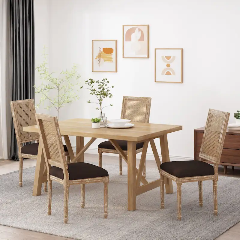 Natural Wood and Cane Upholstered Dining Chairs for 4 People