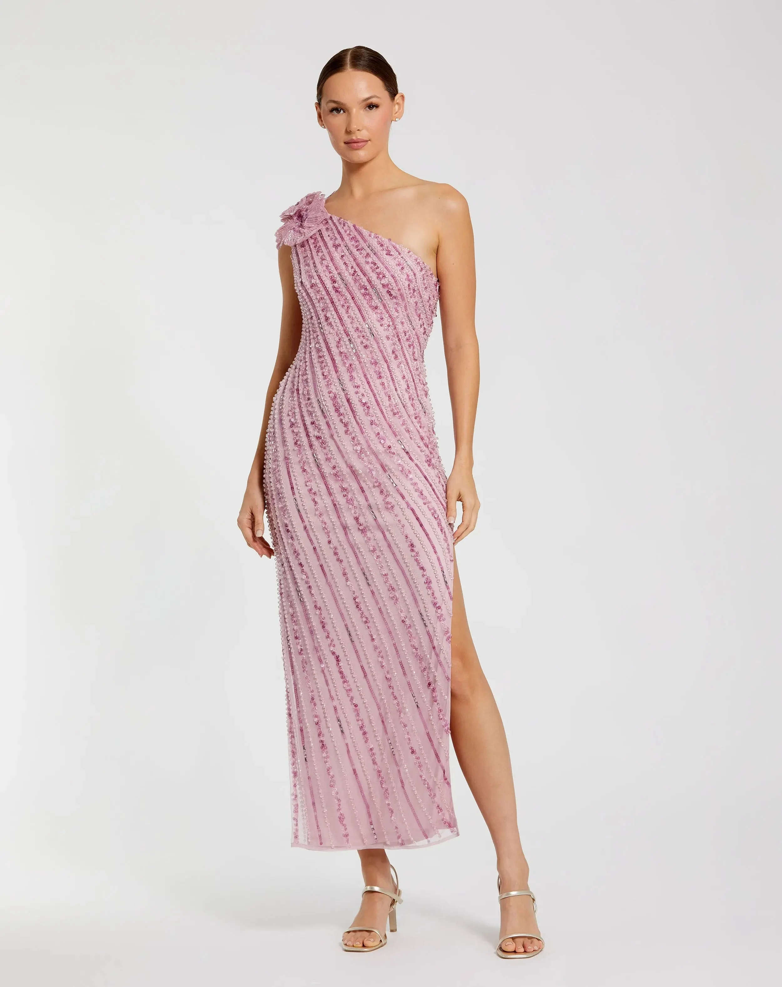 Pink One Shoulder Beaded Mesh Dress With Flower