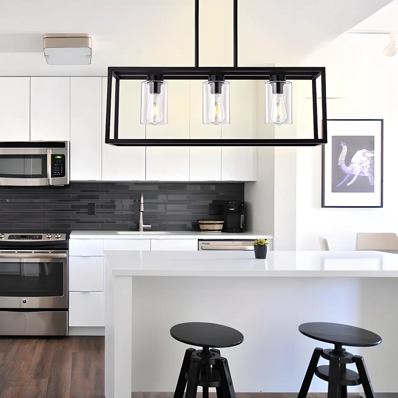 Industrial Black Metal Glass Cylinder Kitchen Island Pendant Light