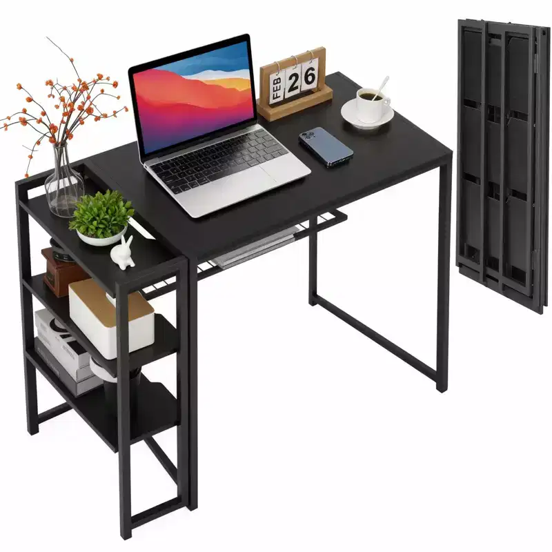 35 inch Folding Desk Writing Computer Desk with Storage Shelf for Bedroom, Home Office