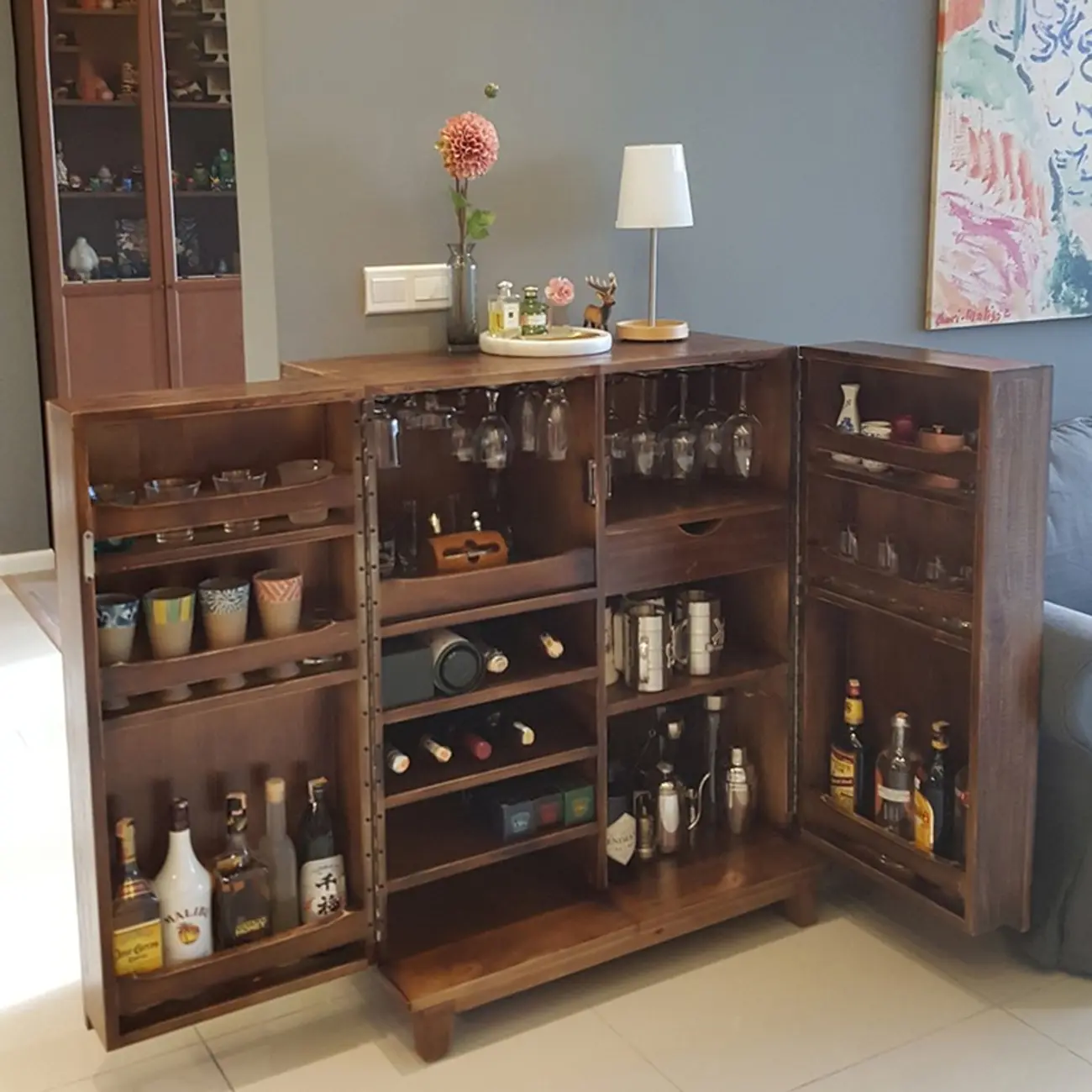 Solid Wood Farmhouse Brown Bar Cabinet Wine Rack