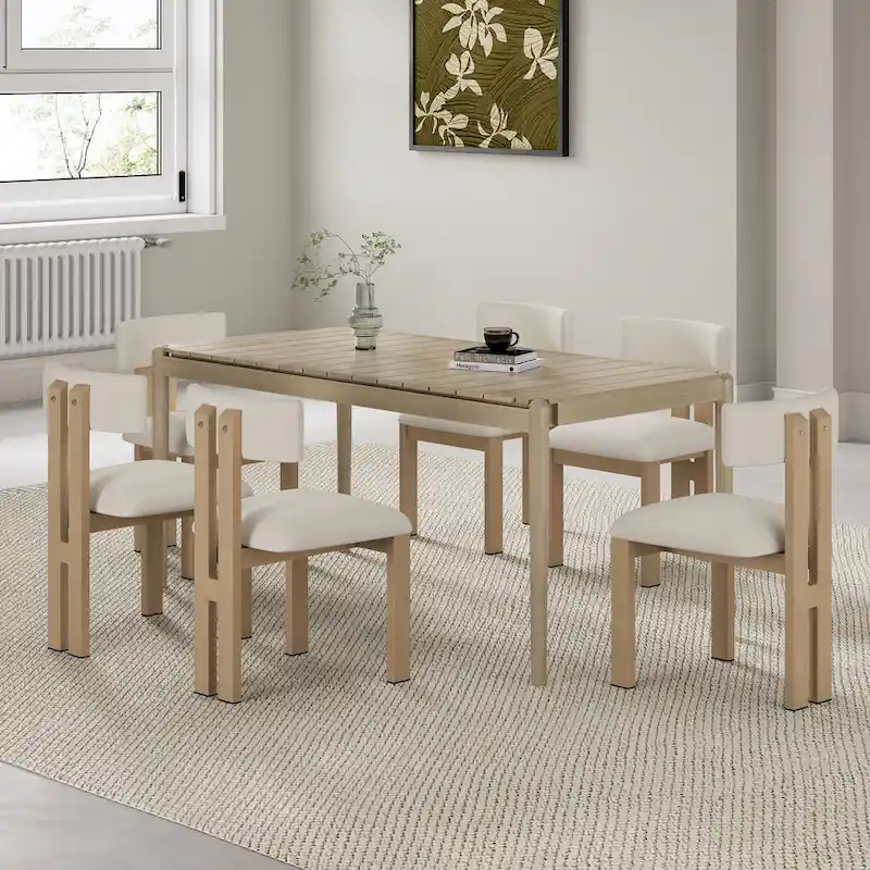Beige+Brown 7-Piece Dining Set for 6, Fabric Chairs & Acacia Wood Table