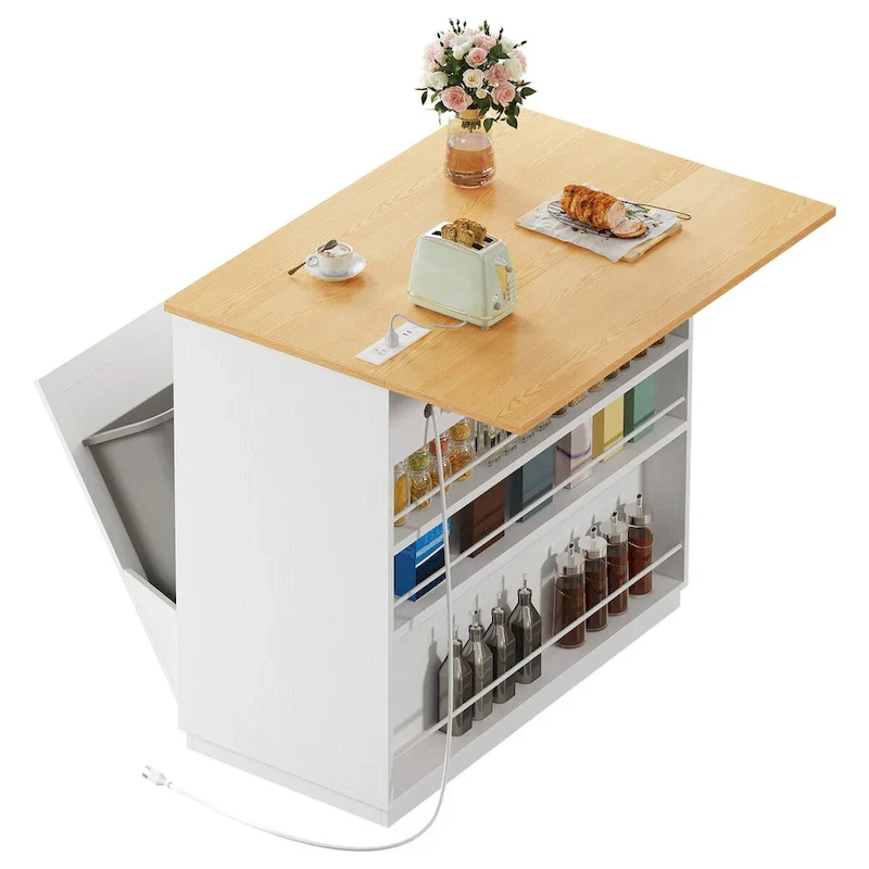 Moasis Kitchen Island Drop Leaf Double Tilt Out Trash Cabinet with Power Outlet & Wheels