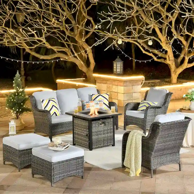 OVIOS Grey Wicker 6-piece Patio Furniture Set With 30  Fire Pit