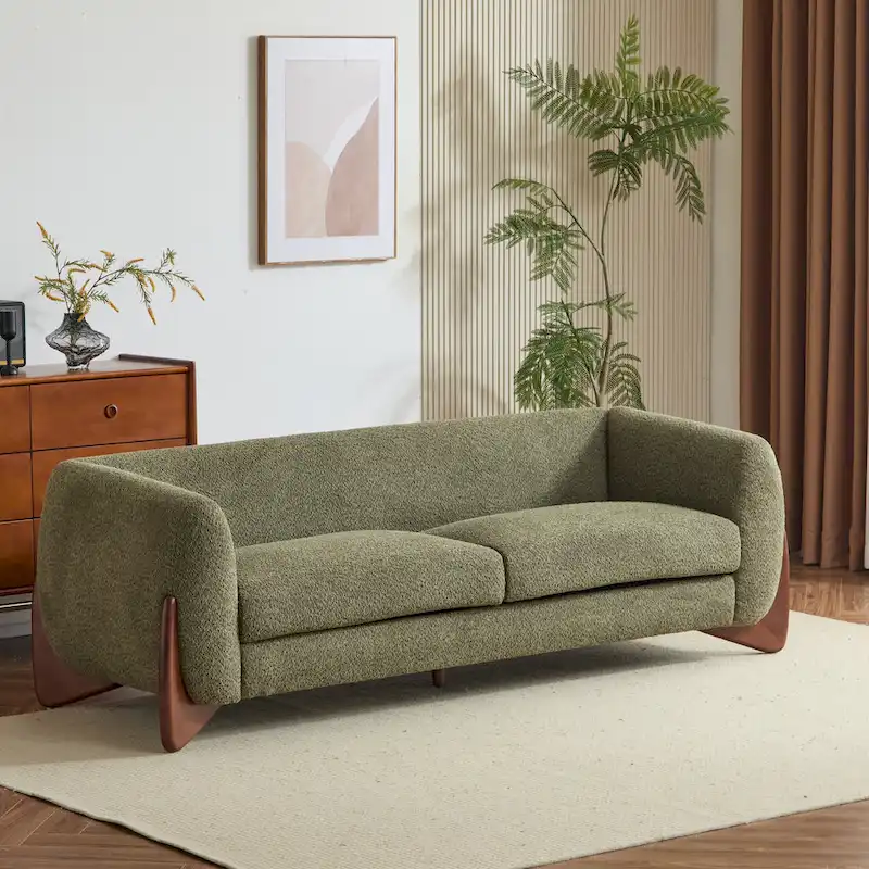 Off-White Boucle 3-Seat Sofa with Birch Wood Legs