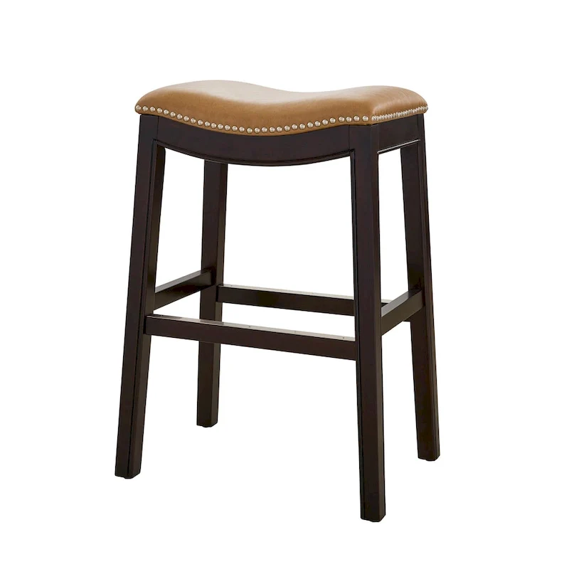 26-Inch Counter Height Bar Stool, Saddle Seat, Faux Leather, Nail Head Detail, Solid Wood, Metal Footrest Plate, Espresso & Tan, 1-Person Use