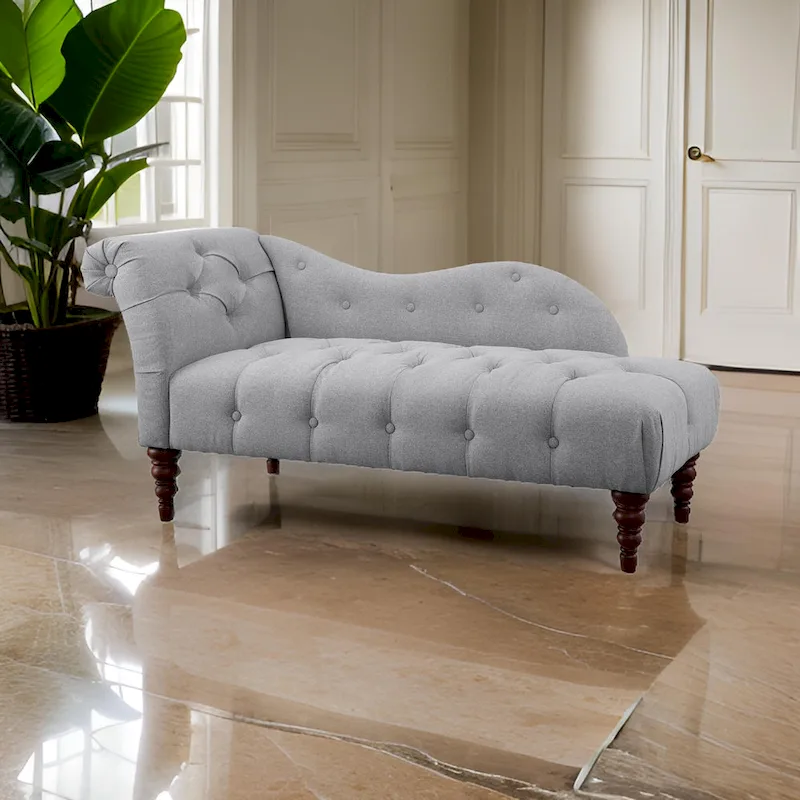 Selena 66 Inch Chaise Lounger, Tufted Gray Polyester, Brown Solid Wood