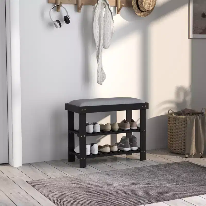 HOMCOM 3-Tier Bamboo Shoe Bench, Entryway Bench with Storage and Cushion, Shoe Organizer for Entryway, Hallway