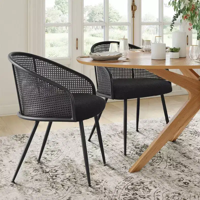 Dining Room Chairs Set of 2, Modern Upholstered Armchair with Rattan Woven Back & Black Metal Legs - Panipeachy