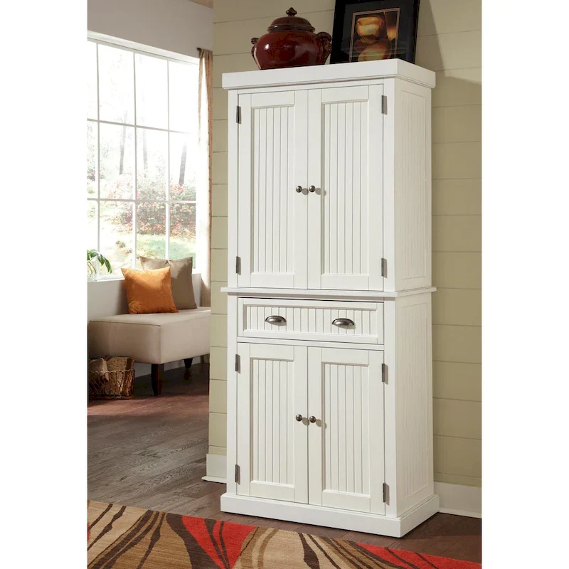 Off-White Pantry Cabinet with Four Doors and Adjustable Shelves