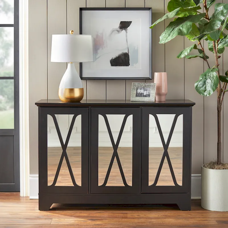 Simple Living Reflections Mirrored Buffet – X-Front Doors, 3 Adjustable Shelves, Distressed Finish, 52