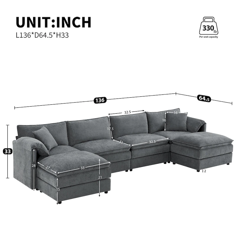 136  U-Shaped Chenille Cloud Sectional Sofa with Dual Ottomans