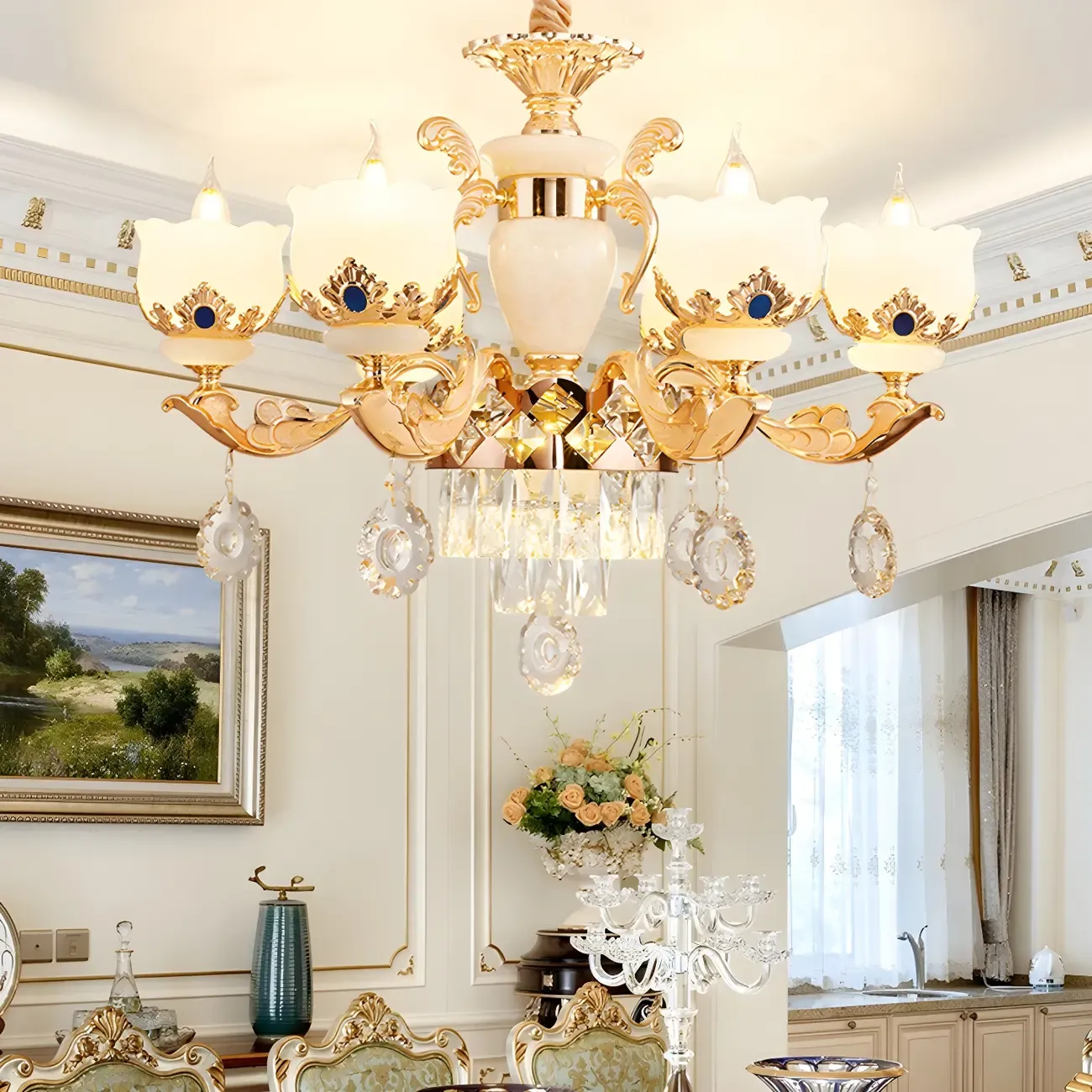 Gold Crystal Classic Glass Chandelier with Beads