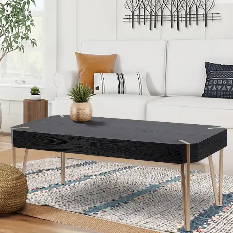 Wood Top Coffee Table – Black & Gold, Hairpin Legs, Mid-Century Modern