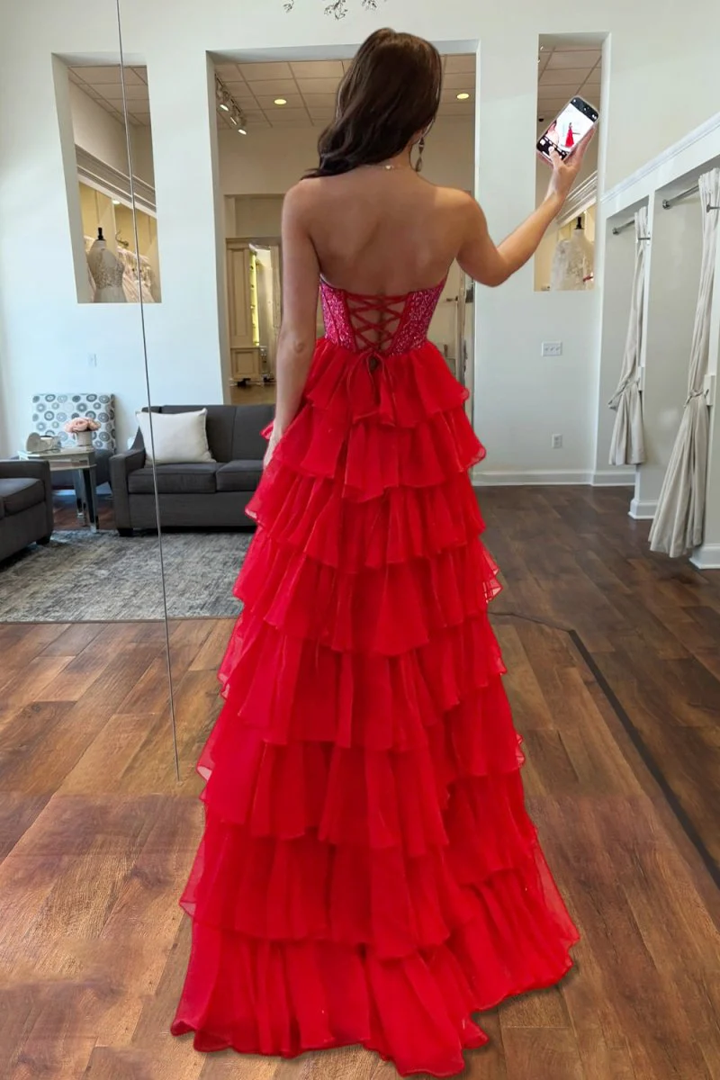 Red - A Line Strapless Chiffon Beaded Corset Long Prom Dress With Slit