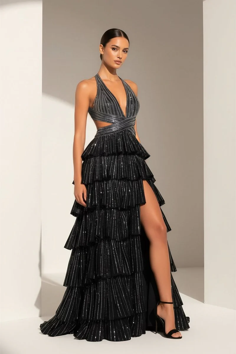 Black - A-Line V Neck Satin Beaded Long Prom Dresses With Ruffles