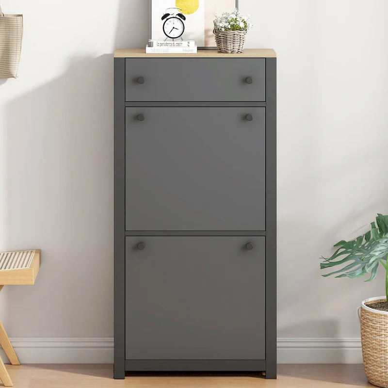 Grey / Black Shoe Cabinet with 2 Flip Drawers, Adjustable Dividers & Wood Grain Top