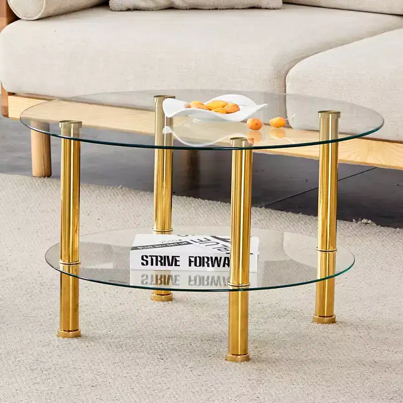 Round Tempered Glass Coffee Table Cocktail Table Sofa Side Table Center Table, Minimalist 2-Layer, Stainless Steel Gold/Silver Plated Legs-ModernLuxe