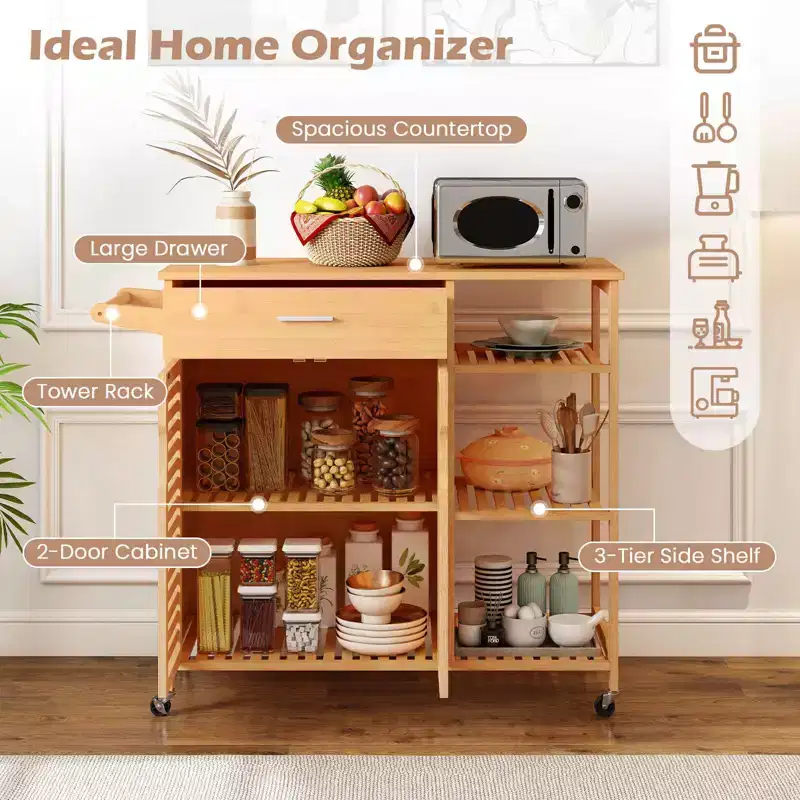 Natural Bamboo Kitchen Island Cart with Drawer, Cabinet & Lockable Wheels (1-Person Assembly)
