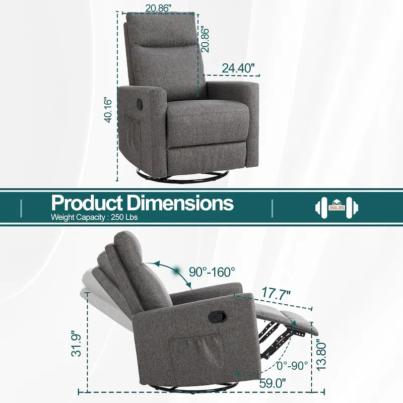 Grey / Brown / Beige Linen 360° Swivel Manual Recliner Chair with Adjustable Footrest – Single