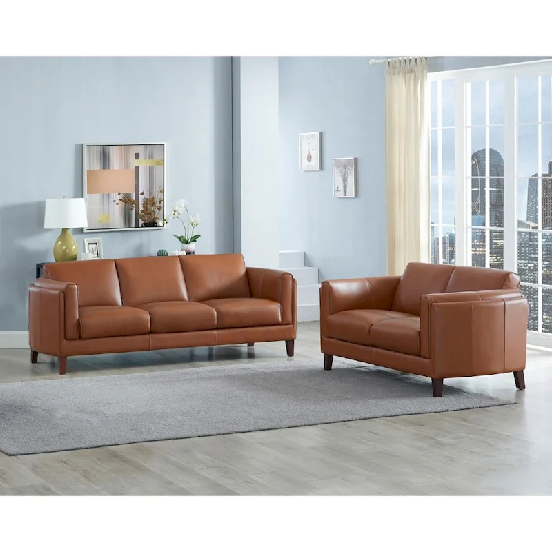 Hydeline Maui Top Grain Leather Sofa and Loveseat Set With Feather, Memory Foam and Springs