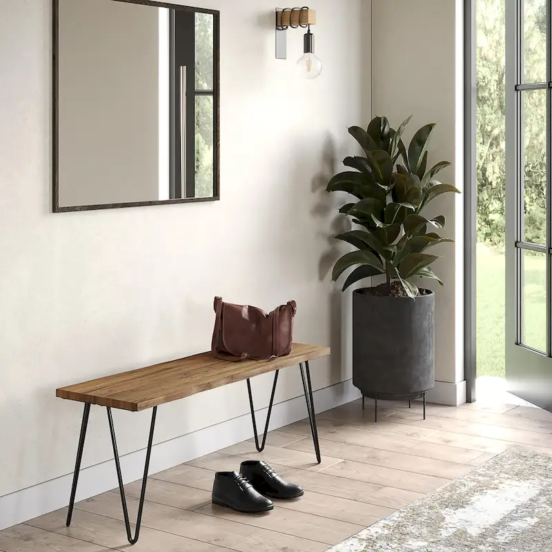 Solid Mango Wood 42-Inch Industrial Bench | Natural Finish | 12.8D x 42.3W x 16.7H in