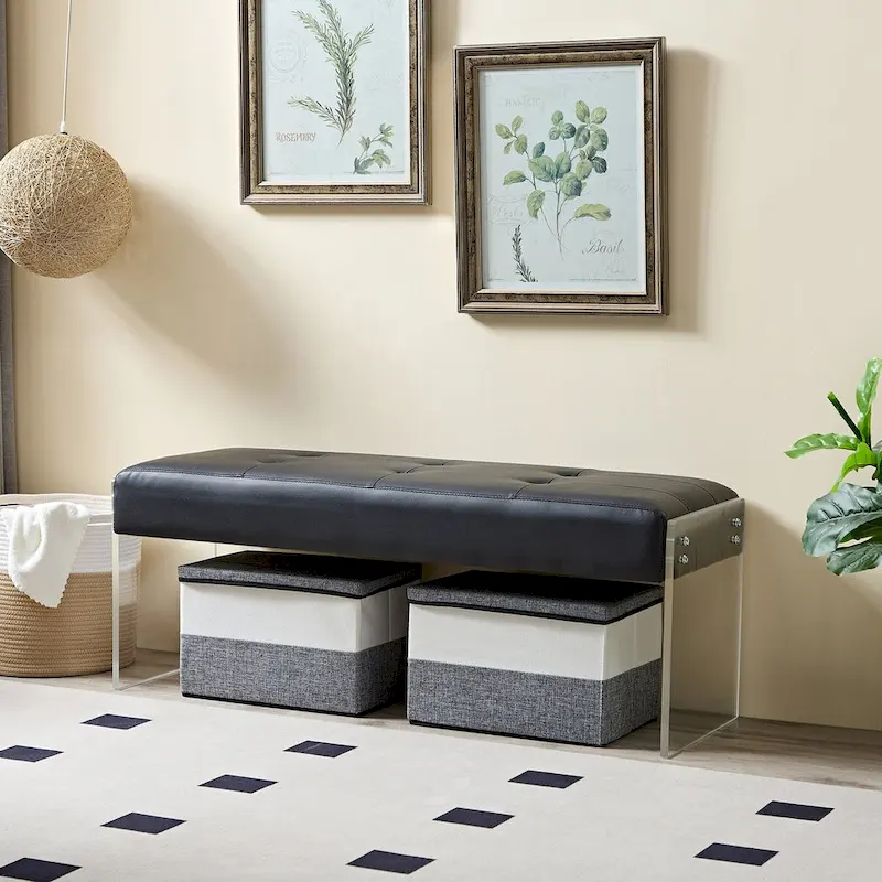 Upholstered Entryway Bench, Faux Leather Bedroom/Living Room Bench, Acrylic Base 44.7-inch