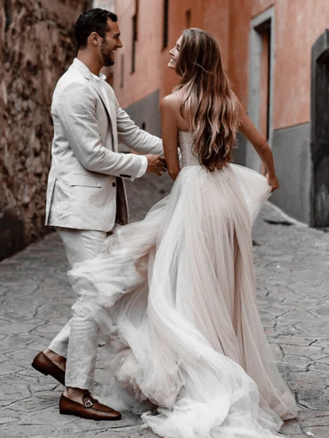 A-Line Sweetheart Tulle Long Wedding Dresses