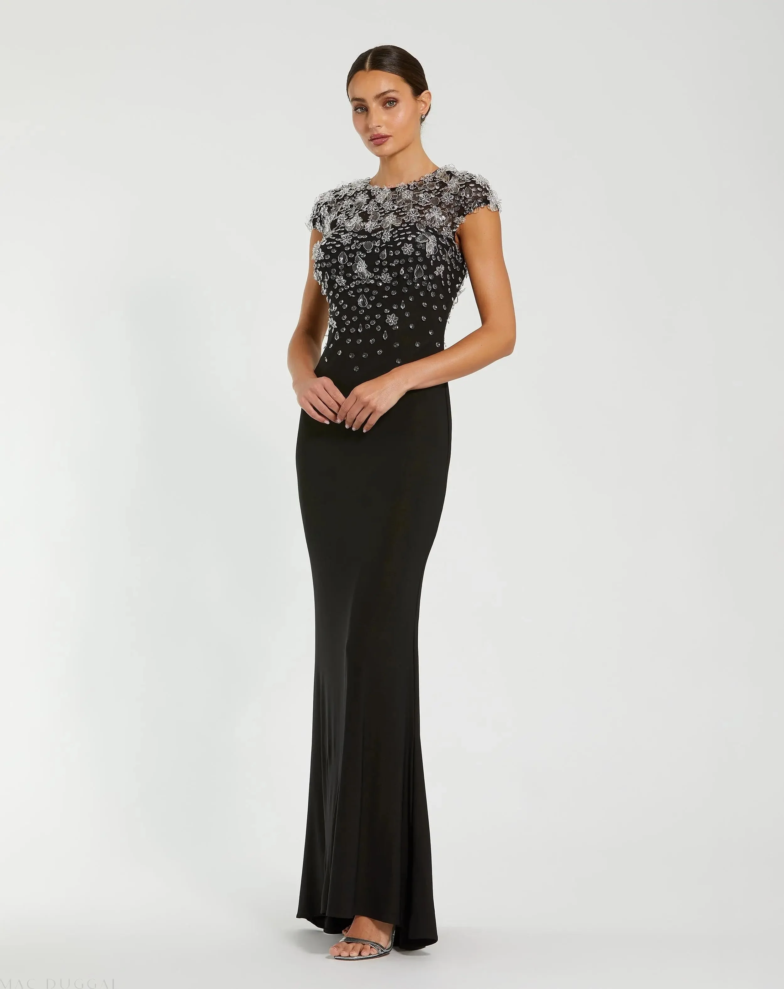 Black Crystal Embellished Jersey Fitted Cap Sleeve Gown