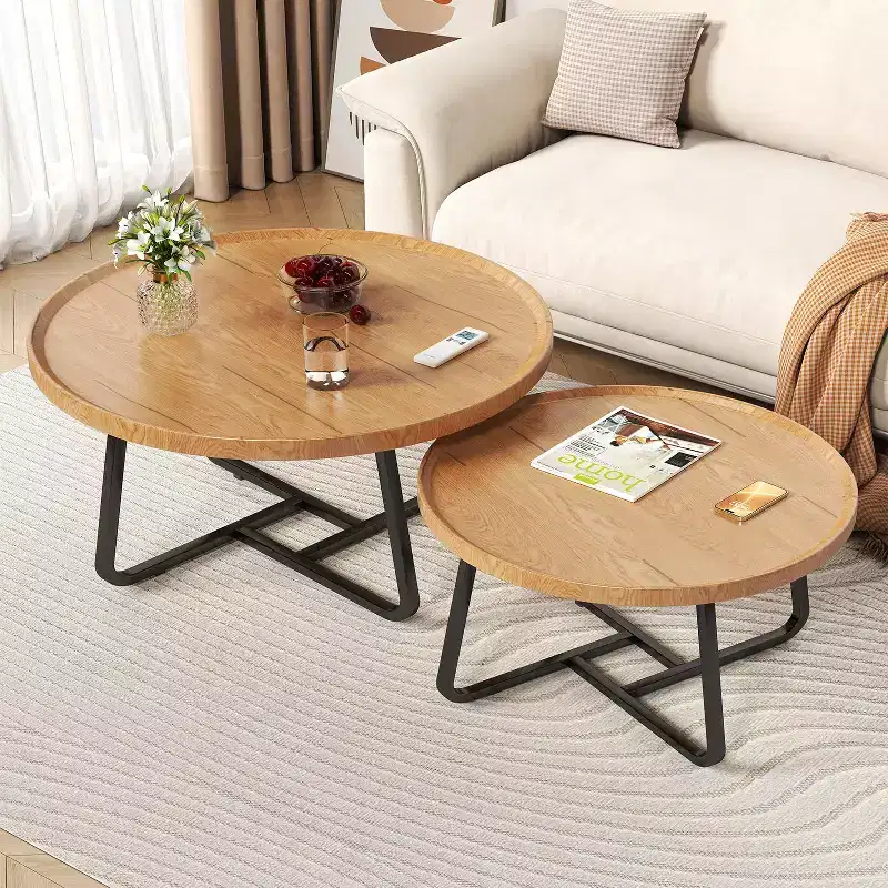Round Nesting Coffee Table Set of 2, Tea Table for Small Spaces, Circle Wood Center Table with Fluted, Mid Century Modern Coffee Tables