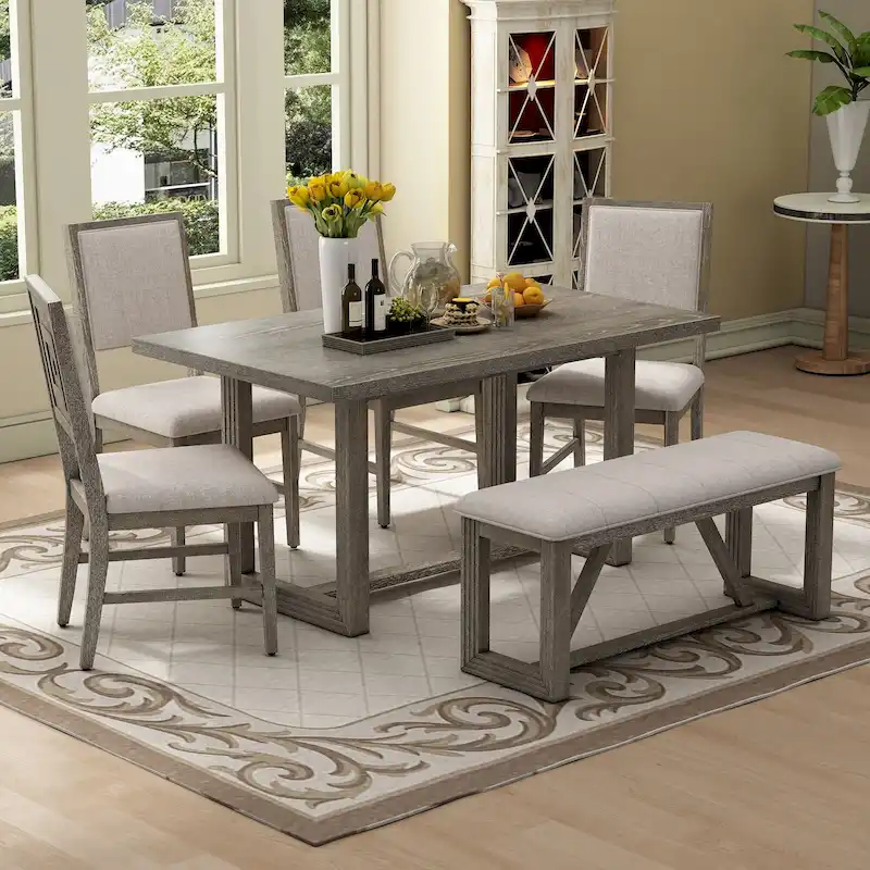 6 Piece Dining Table with Acacia Wood Rectangular Table, 4 Chairs and 1 Bench