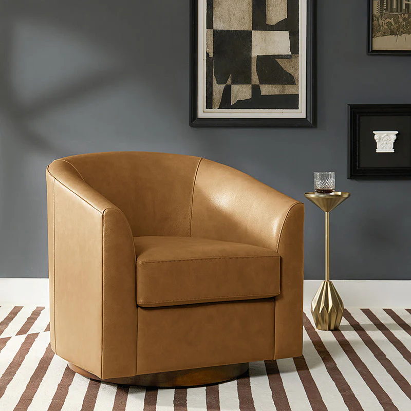Genuine Leather Swivel Barrel Chair with Recessed Arms & Solid Wood Base | Brown / Sage / Camel | Single Seat