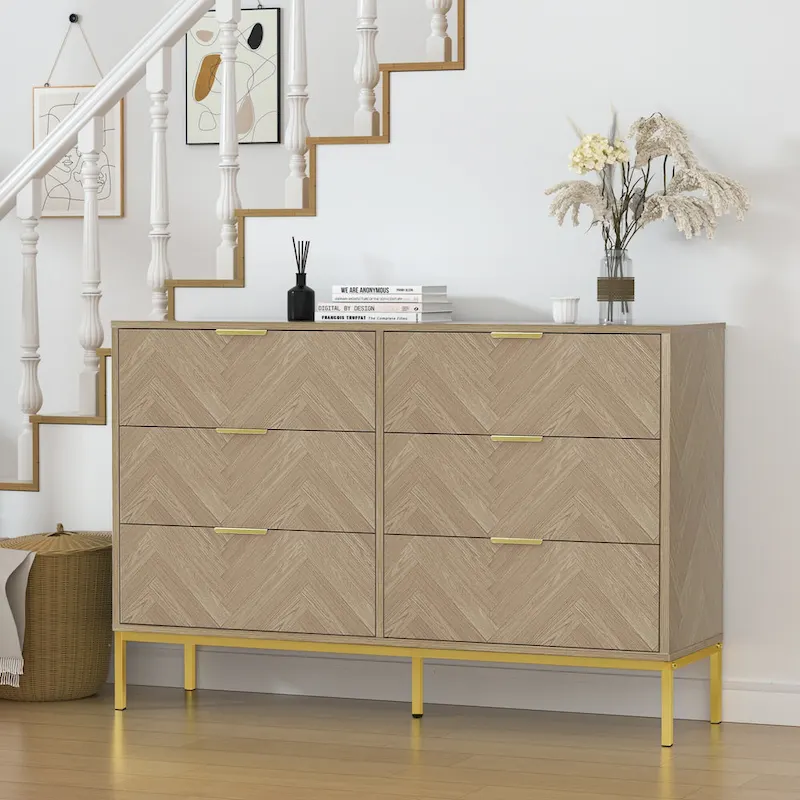 6-Drawer Double Dresser, Herringbone Texture with Gold Legs – Oak, Modern Style