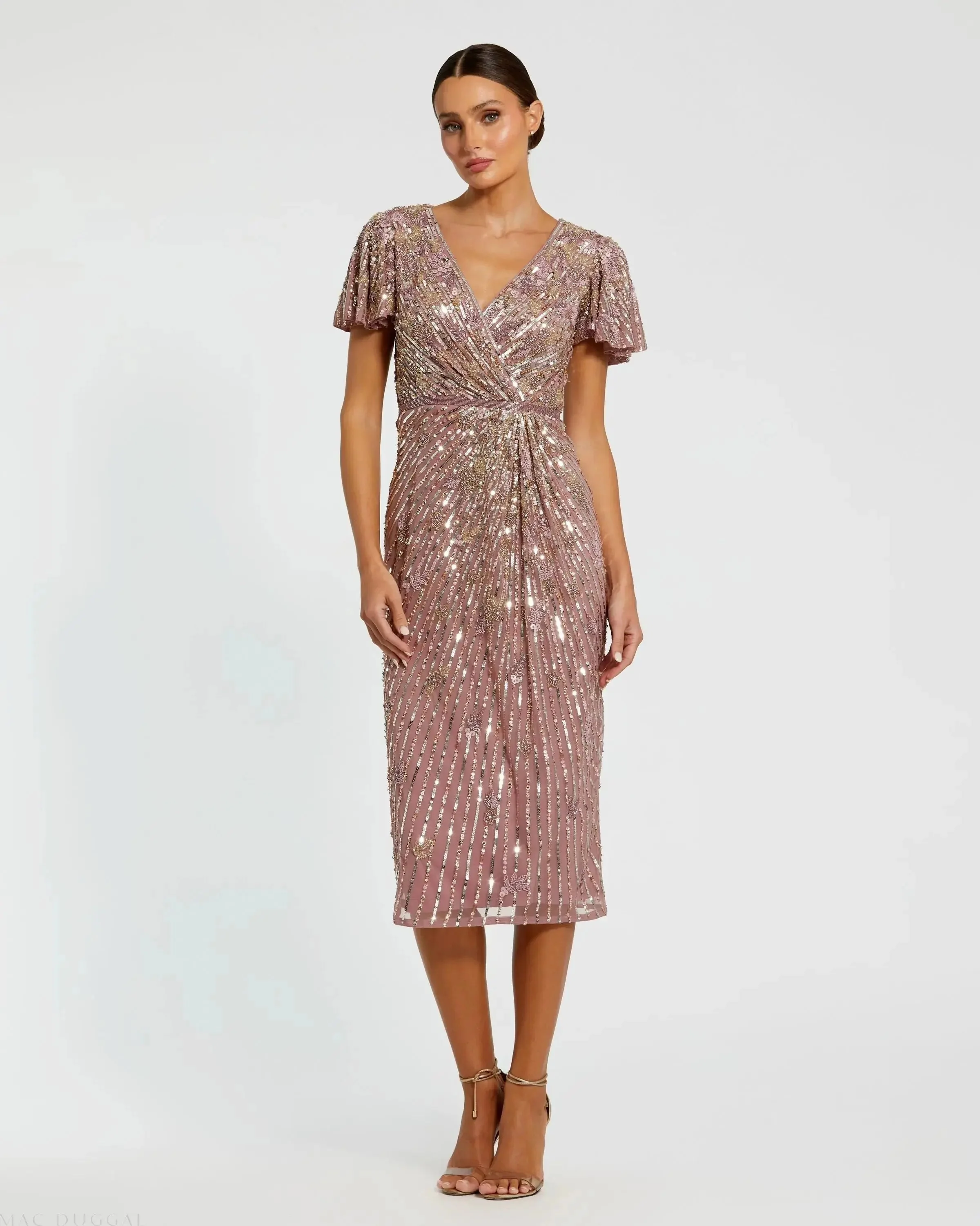 Purple Embellished Faux Wrap Flutter Sleeve Dress