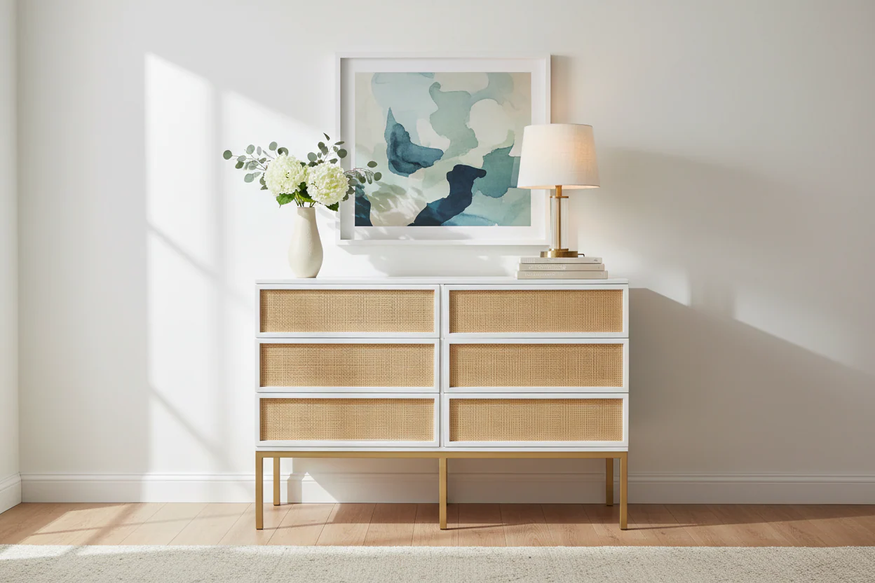 Black / White / Walnut / Natural 6-Drawer Rattan Dresser with Metal Frame – Single Unit