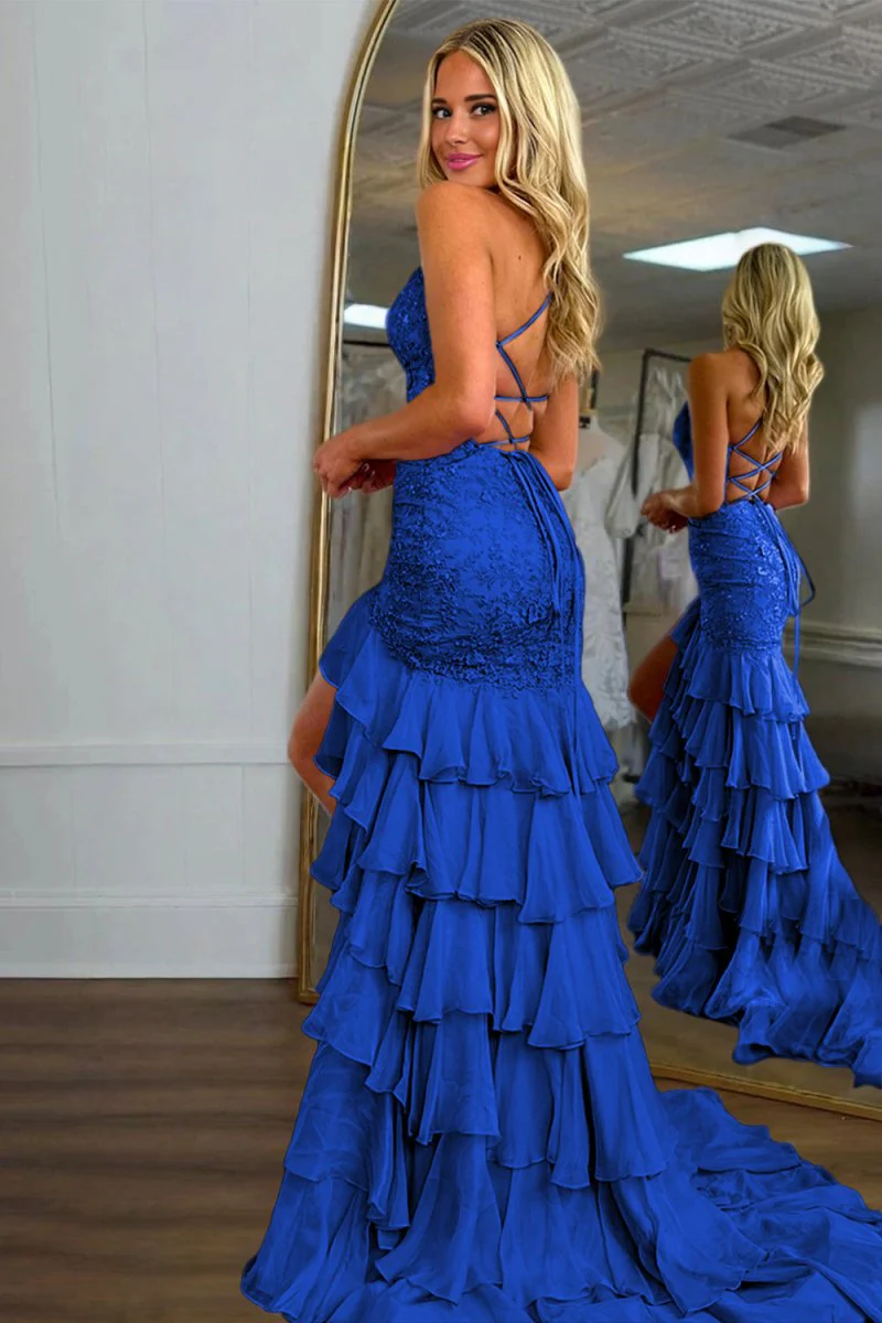 Royal Blue - Spaghetti Straps Mermaid Lace Appliqued Prom Dresses With Ruffles