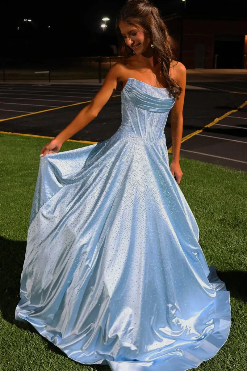 Sky Blue - Strapless A Line Satin Beaded Long Prom Dresses With Pockets