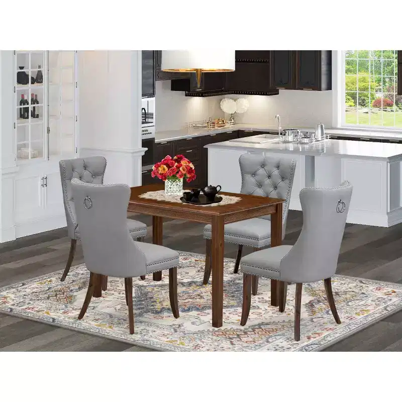 5-Piece Antique Walnut Finish Solid Wood Top - Rectangular Dining Room Set - Seats 4