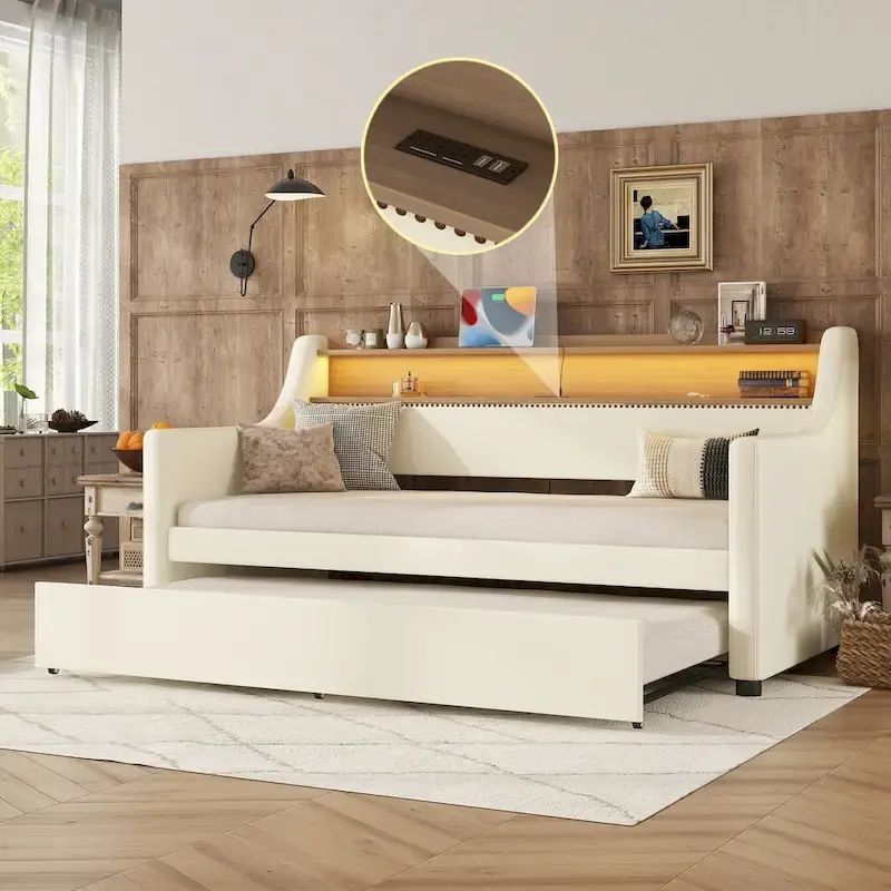 White/Beige Twin Upholstered Daybed with Trundle and LED