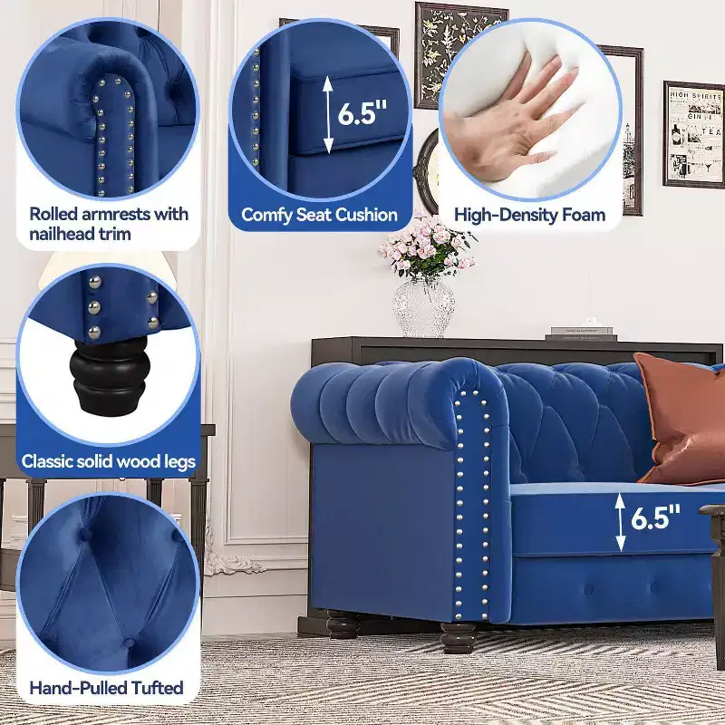 Velvet Chesterfield Chair for Living Room Accent Armhair with Deep Cushion in Blue -Morden Fort