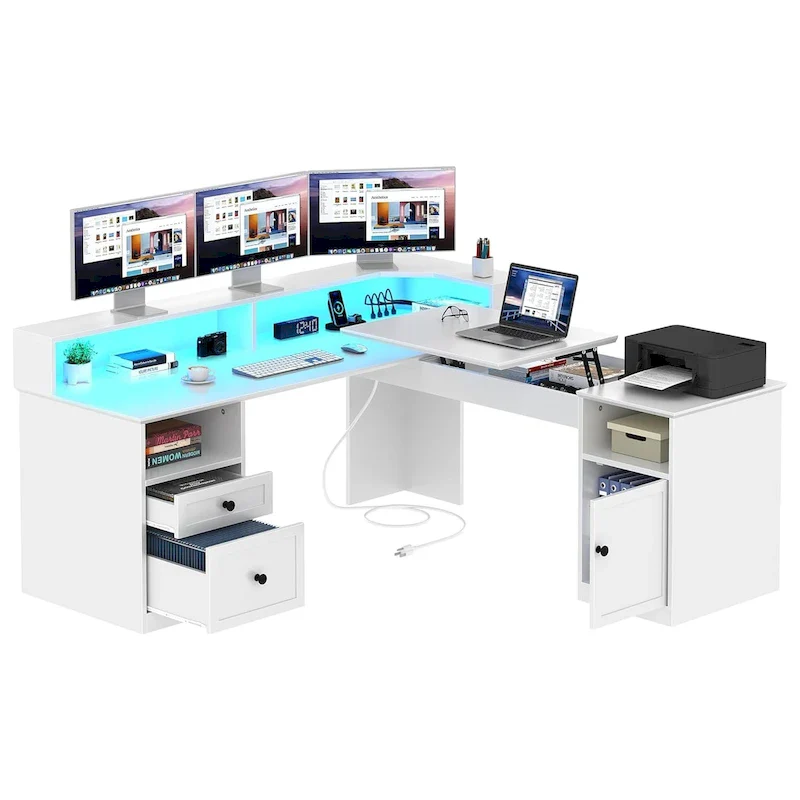 59 L Shaped Desk Corner LED Computer Gaming Desk with File Cabinet and Lift Table Top
