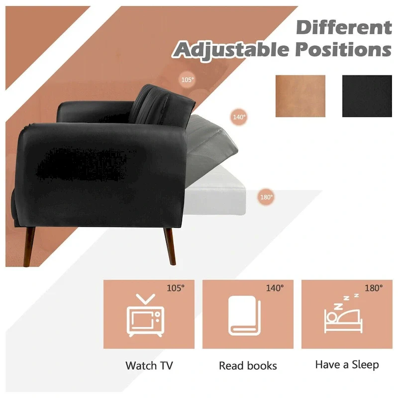 Convertible Futon Sofa Bed - Black PU Leather - Adjustable 3-Position