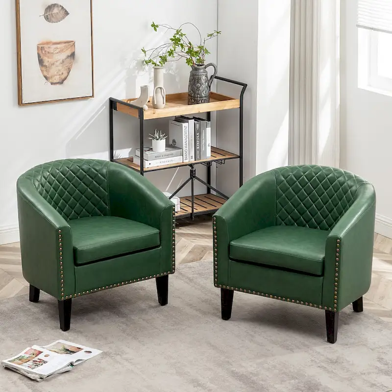 KINWELL 29  PU Faux Leather Club Armchair with Nailheads, Set of 2
