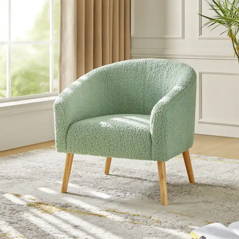 Boucle Barrel Accent Chair with Rubber Wood Legs – Single Seat