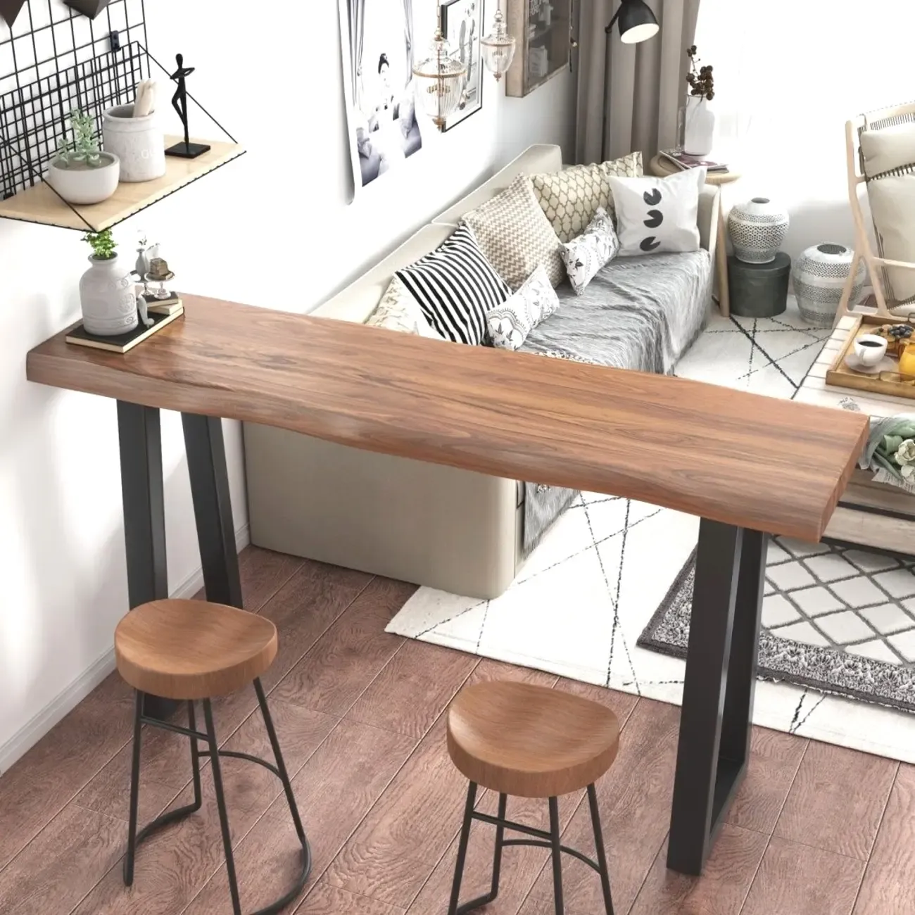 Scandinavian Natural Wood Sled Base Bar Tables