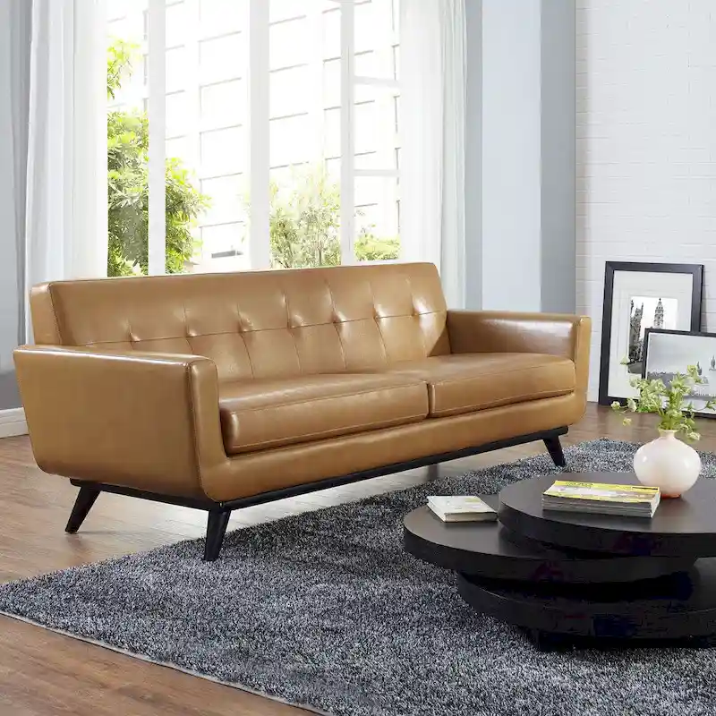 Tan Leather Mid-Century Sofa with Button Tufting