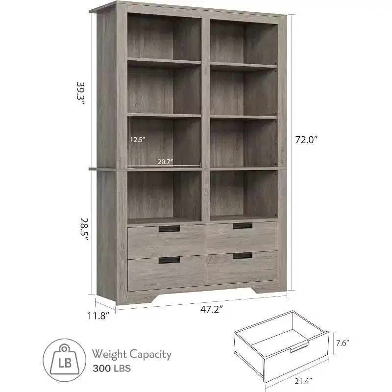 72 High Bookshelf, 4-Layer Double-Width Bookshelf With 4 Drawers, Large Freestanding Open Bookcase Suitable for Living Room, Office, Library